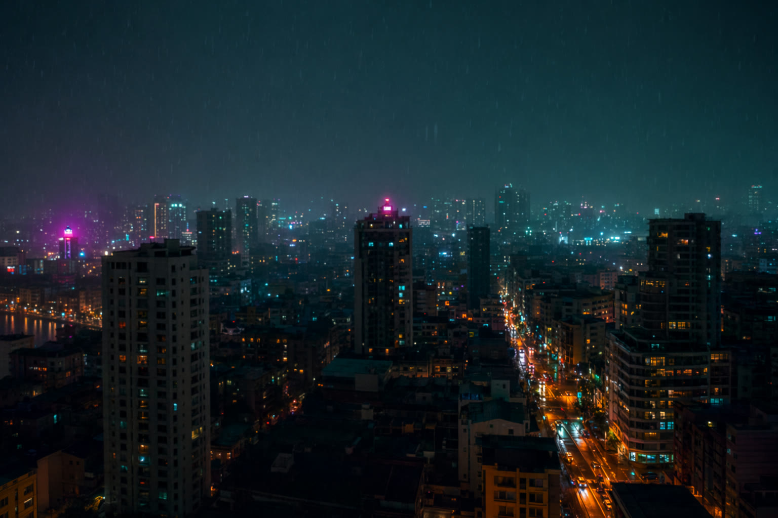 Rain over the glowing skyline from a quiet apartment